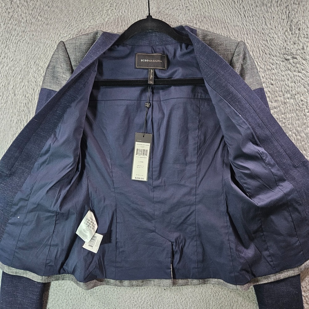 $268 NWT BCBGMaxazria Suit Blazer Jacket Women XXS Cotton Linen Navy Gray‎ NEW - Picture 10 of 16